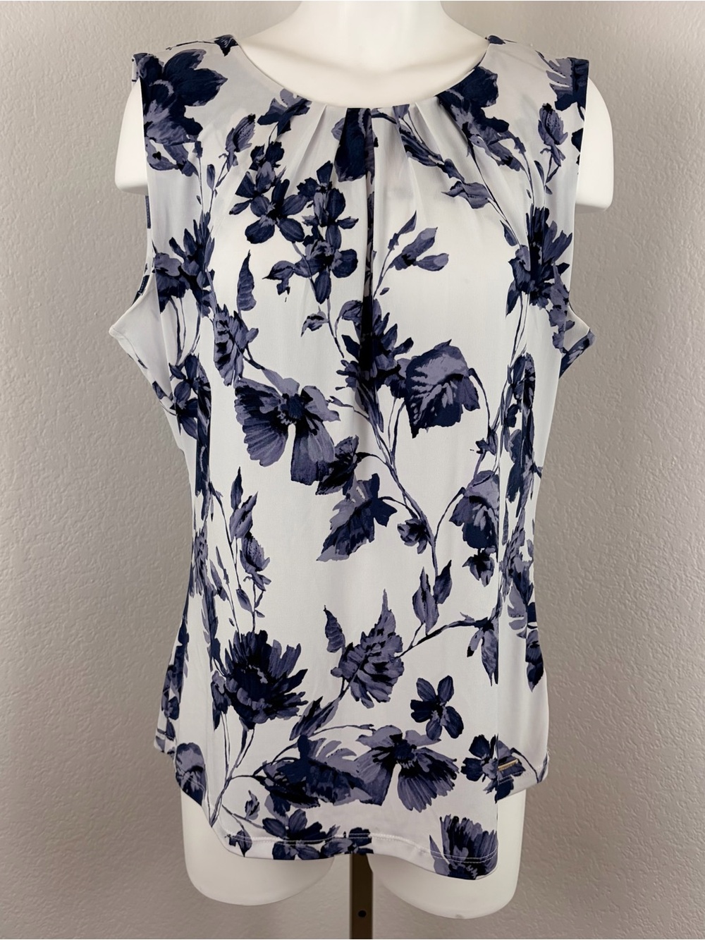 Calvin Klein Knit Jersey Floral Pleated Sleeveless Top